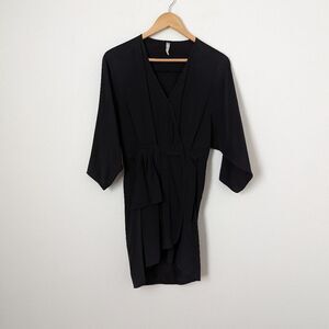 Thayer black silk half dolman sleeve v-neck wrap drape classic luxe mini dress